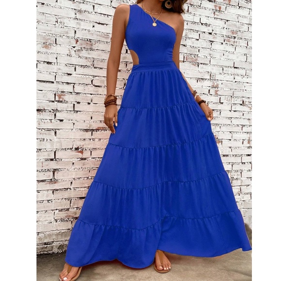 Vibrant One Shoulder Tie Back Stretchy Waist Maxi Dress - Picture 6 of 11